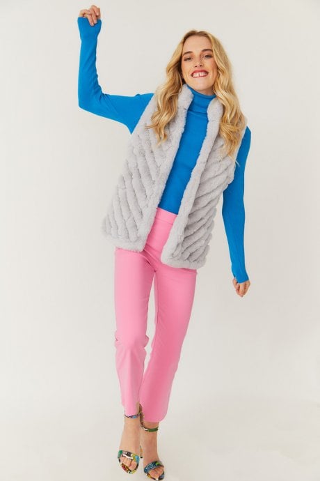 JAYLEY Grey Faux Fur Faux Suede Diagonal Stripe Gilet | Waistcoat