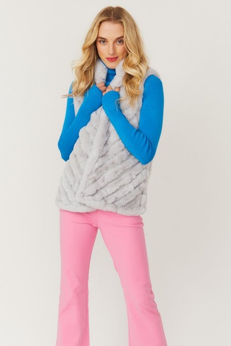 JAYLEY Grey Faux Fur Faux Suede Diagonal Stripe Gilet | Waistcoat