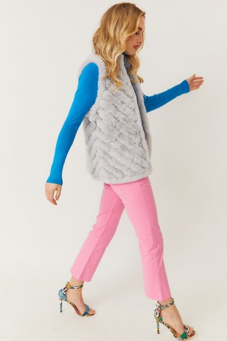 JAYLEY Grey Faux Fur Faux Suede Diagonal Stripe Gilet | Waistcoat
