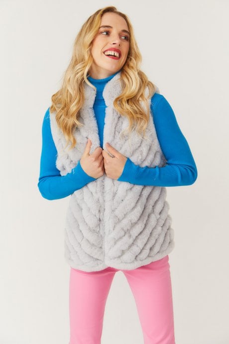 JAYLEY Grey Faux Fur Faux Suede Diagonal Stripe Gilet | Waistcoat
