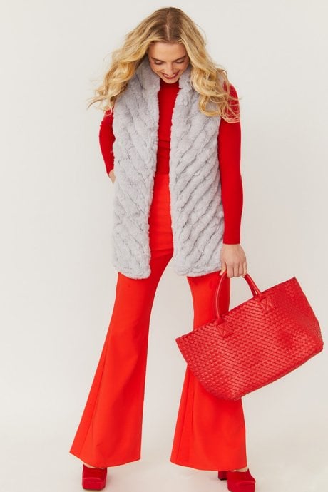 JAYLEY Grey Faux Fur Faux Suede Diagonal Striped Long Gilet | Waistcoat
