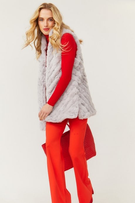 JAYLEY Grey Faux Fur Faux Suede Diagonal Striped Long Gilet | Waistcoat