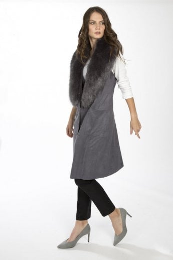 JAYLEY Grey Faux Fur Faux Suede Gilet | Waistcoat