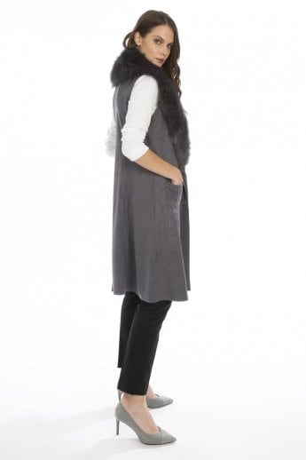 JAYLEY Grey Faux Fur Faux Suede Gilet | Waistcoat