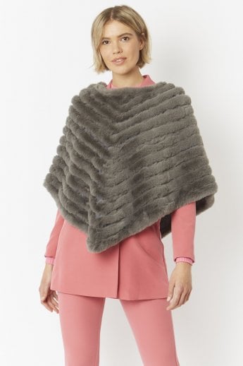 JAYLEY Grey Faux Fur Faux Suede Poncho