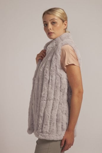 JAYLEY Grey Faux Fur Faux Suede Vertical Stripe Gilet | Waistcoat