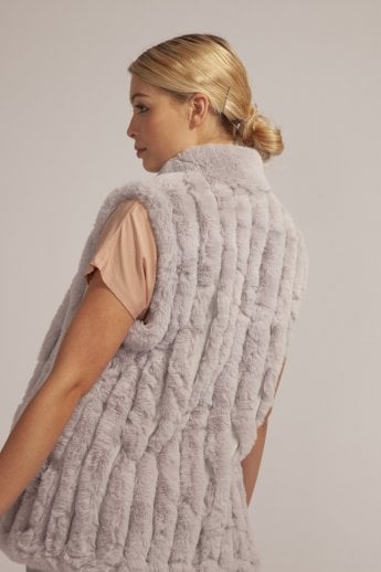 JAYLEY Grey Faux Fur Faux Suede Vertical Stripe Gilet | Waistcoat