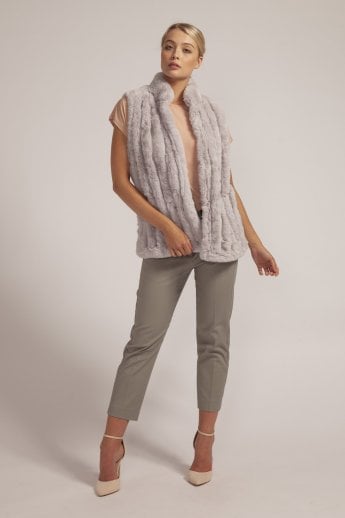 JAYLEY Grey Faux Fur Faux Suede Vertical Stripe Gilet | Waistcoat
