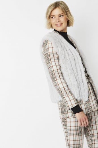 JAYLEY Grey Faux Fur Faux Suede Vertical Stripe Gilet | Waistcoat