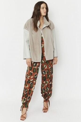 JAYLEY Grey Faux Fur Jacket With Leather Effect Sleeve