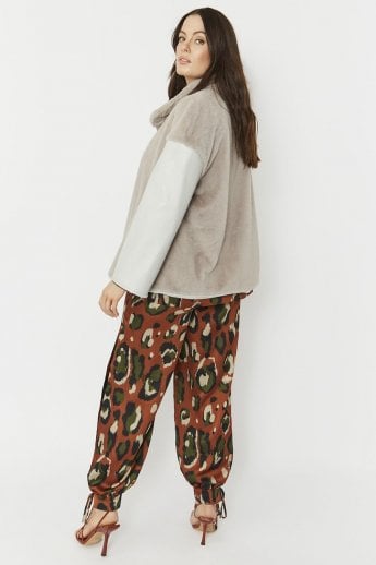 JAYLEY Grey Faux Fur Jacket With Leather Effect Sleeve