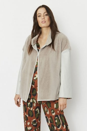 JAYLEY Grey Faux Fur Jacket with Leather Effect Sleeve