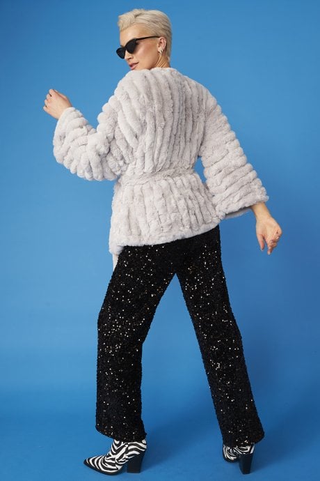 JAYLEY Grey Faux Fur Kimono Jacket