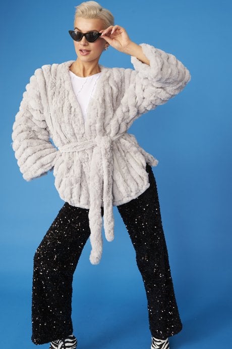JAYLEY Grey Faux Fur Kimono Jacket
