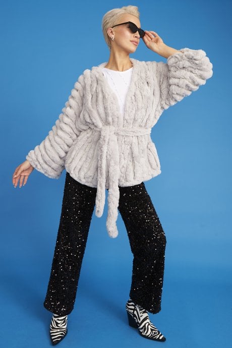 JAYLEY Grey Faux Fur Kimono Jacket