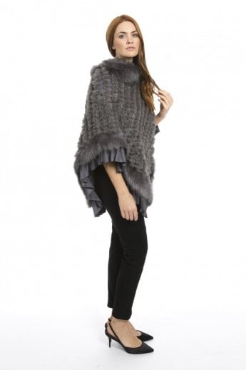 JAYLEY Grey Faux Fur Knitted Faux Suede Poncho