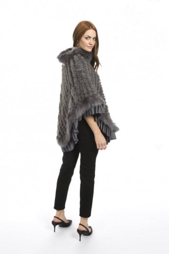 JAYLEY Grey Faux Fur Knitted Faux Suede Poncho
