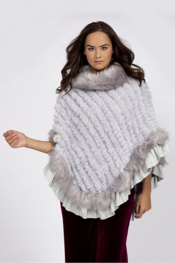 JAYLEY Grey Faux Fur Knitted Faux Suede Poncho