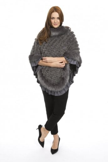 JAYLEY Grey Faux Fur Knitted Faux Suede Poncho