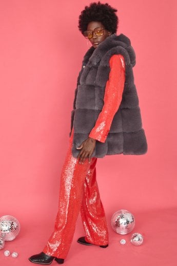 JAYLEY Grey Faux Fur Long Hooded Gilet | Waistcoat