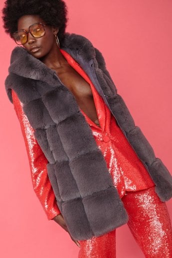 JAYLEY Grey Faux Fur Long Hooded Gilet | Waistcoat