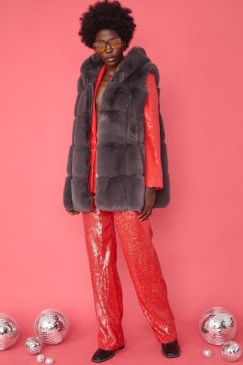 JAYLEY Grey Faux Fur Long Hooded Gilet | Waistcoat