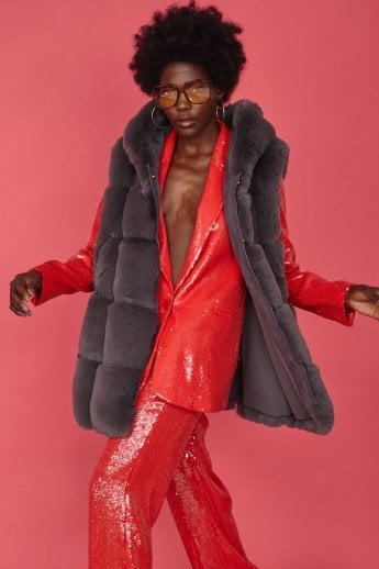 JAYLEY Grey Faux Fur Long Hooded Gilet | Waistcoat