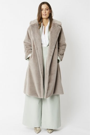 JAYLEY Grey Faux Fur Midi Shaved Shearling Coat