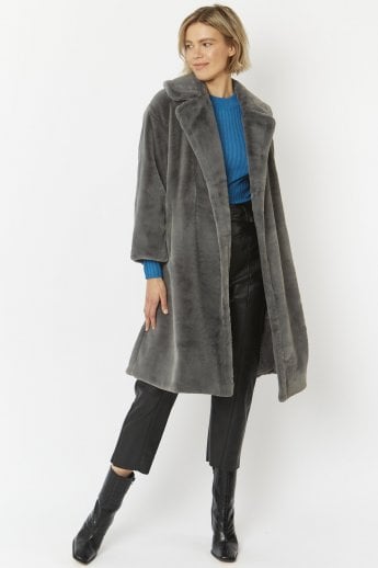 JAYLEY Grey Faux Fur Midi Shaved Shearling Coat