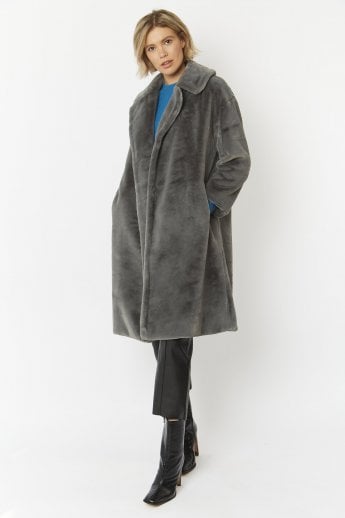 JAYLEY Grey Faux Fur Midi Shaved Shearling Coat