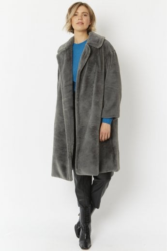 JAYLEY Grey Faux Fur Midi Shaved Shearling Coat