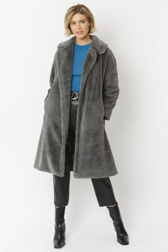 JAYLEY Grey Faux Fur Midi Shaved Shearling Coat