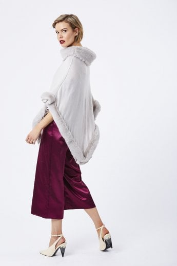 JAYLEY Grey Faux Fur Trim Poncho