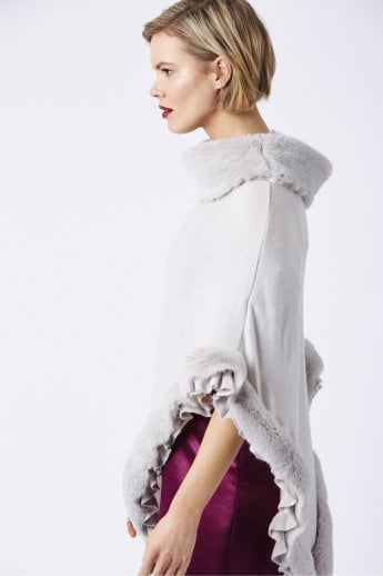JAYLEY Grey Faux Fur Trim Poncho
