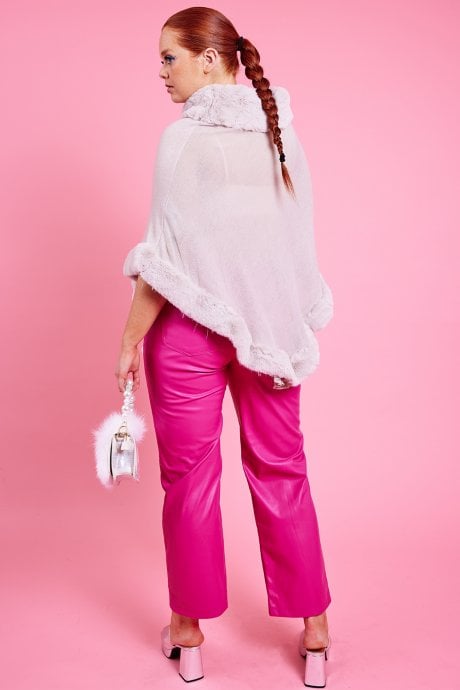 JAYLEY Grey Faux Fur Trim Poncho