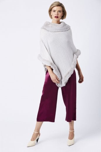 JAYLEY Grey Faux Fur Trim Poncho