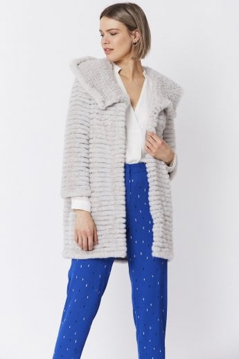 JAYLEY Grey Faux Mink Fur Hooded Coat