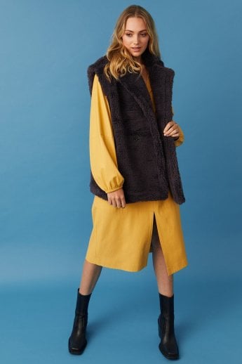 JAYLEY Grey Faux Shearling Midi Gilet | Waistcoat