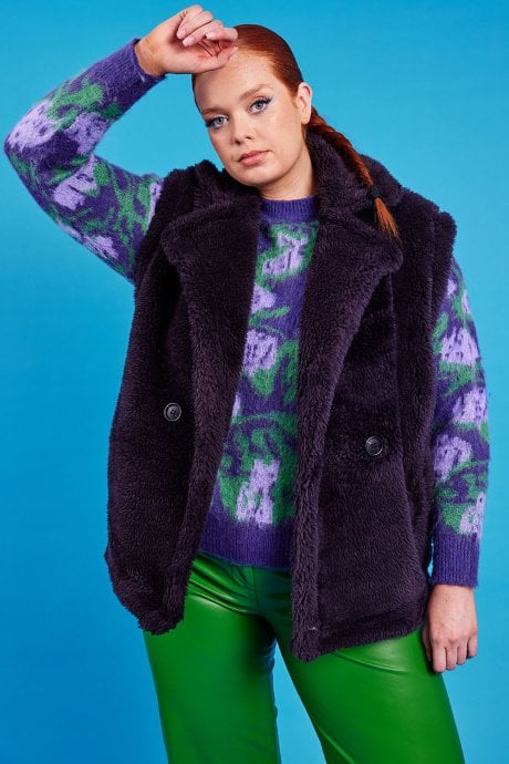 JAYLEY Grey Faux Shearling Midi Gilet | Waistcoat