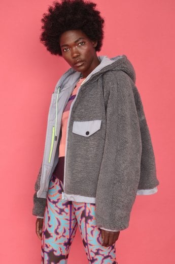 JAYLEY Grey Faux Shearling Reversible Hoodie Bomber Jacket