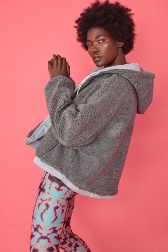 JAYLEY Grey Faux Shearling Reversible Hoodie Bomber Jacket