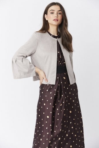 JAYLEY Grey Faux Suede Cropped Jacket With Frill Sleeve