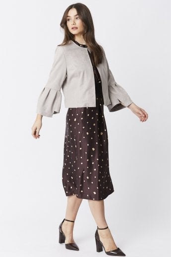 JAYLEY Grey Faux Suede Cropped Jacket With Frill Sleeve
