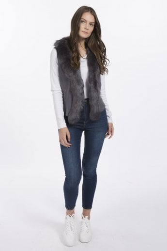 JAYLEY Grey Faux Suede Gilet | Waistcoat With Faux Fur Collar