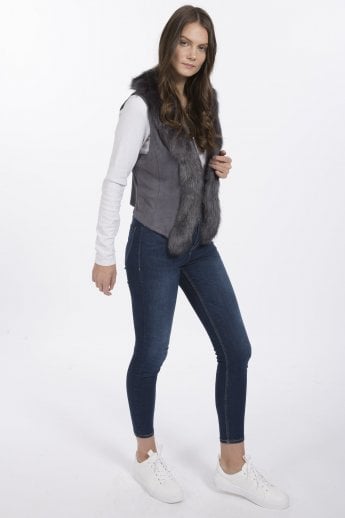 JAYLEY Grey Faux Suede Gilet | Waistcoat With Faux Fur Collar