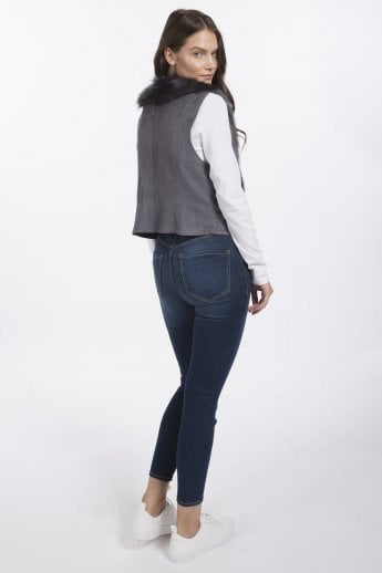JAYLEY Grey Faux Suede Gilet | Waistcoat With Faux Fur Collar