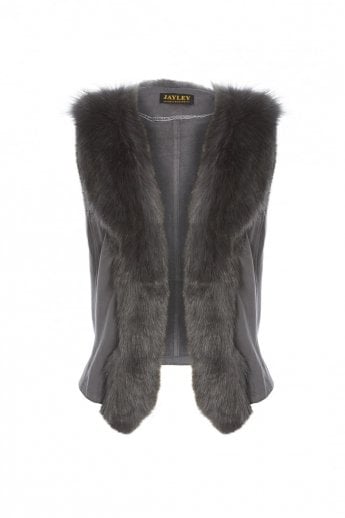 JAYLEY Grey Faux Suede Gilet | Waistcoat with Faux Fur Collar