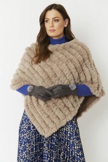 JAYLEY Grey Faux Suede Gloves With Faux Fur Pom