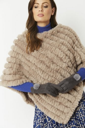 JAYLEY Grey Faux Suede Gloves With Faux Fur Pom