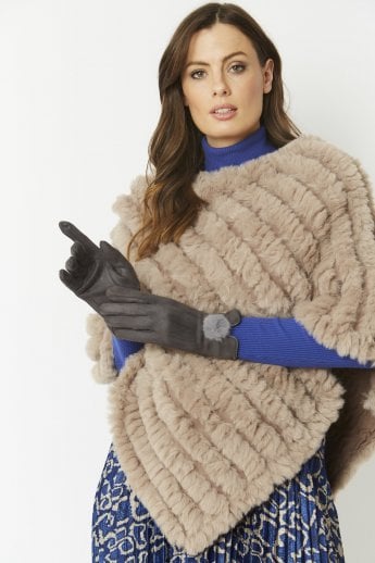 JAYLEY Grey Faux Suede Gloves With Faux Fur Pom
